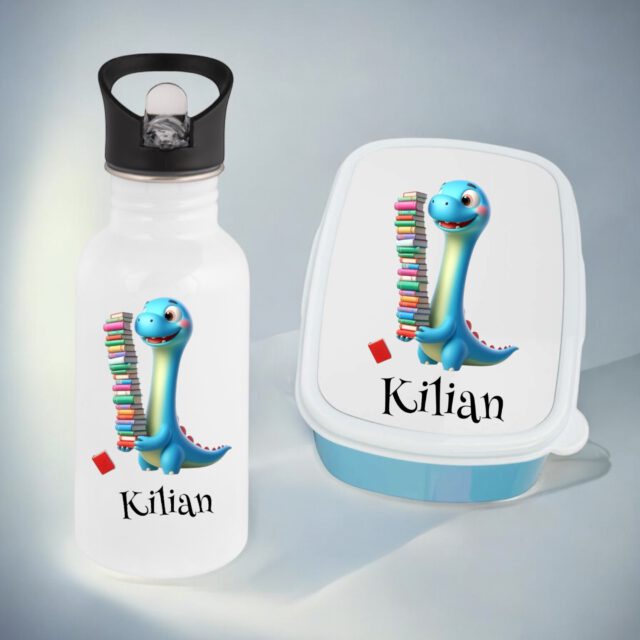 Personalisierte Kinder Trinkflasche Aus Edelstahl Mit Dino-Motiv & Gravur - 350 Ml, Mit Bambusdeckel, Plastikfrei Für Kindergarten & Schule