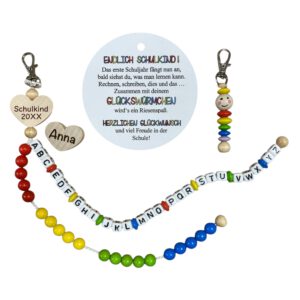 Personalisierte Einschulungsgeschenk-Set mit ABC-Rechenkette in 10 Farben + Glückswürmchen, Schulanfang, Schulkind 2026, Füllung Schultüte