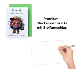 Glückwunschkarte zur Einschulung, Hurra Endlich Schulkind, A6 Format mit Umschlag, 3er Set, Monster-Motiv – Bild 3