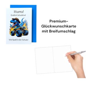 Einschulungskarte mit Dinosaurier und Monster Truck, A6 Format mit Umschlägen, Premium Qualität – Bild 3