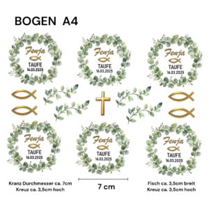 Personalisierte RUB ONs Sticker mit Eukalyptus-Kranz, TAUFE, Teelicht, Tischdeko, randlose Rubons Sticker – Bild 3
