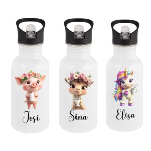 Personalisierte Edelstahl-Trinkflasche, 500ml, Tier-Motiv mit Namensaufdruck, Einhorn, Otter, Flamingo, Kuh, Schwein, Lama, Einschulungsgeschenk – Bild 3