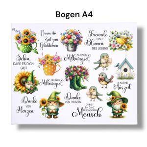 RUB ON Sticker Sprüche, Wichtel, Blumen, Bogen A4, randlose Rubons Sticker, Tischdeko, Rubon Aufkleber – Bild 3