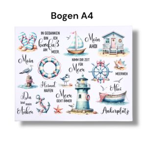 Rub Ons Sticker, DIN A4, Maritim, Leuchtturm, Strandhaus, Möwe, Anker, Sprüche, Meer, randlose Rubons Sticker, Tischdeko, Rubon Aufkleber – Bild 3