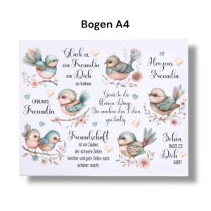 Rub Ons Sticker, DIN A4, Vögel, Freundin, Kollegin, Familie, Sprüche, randlose Rubons Sticker, Tischdeko, Rubon Aufkleber – Bild 3