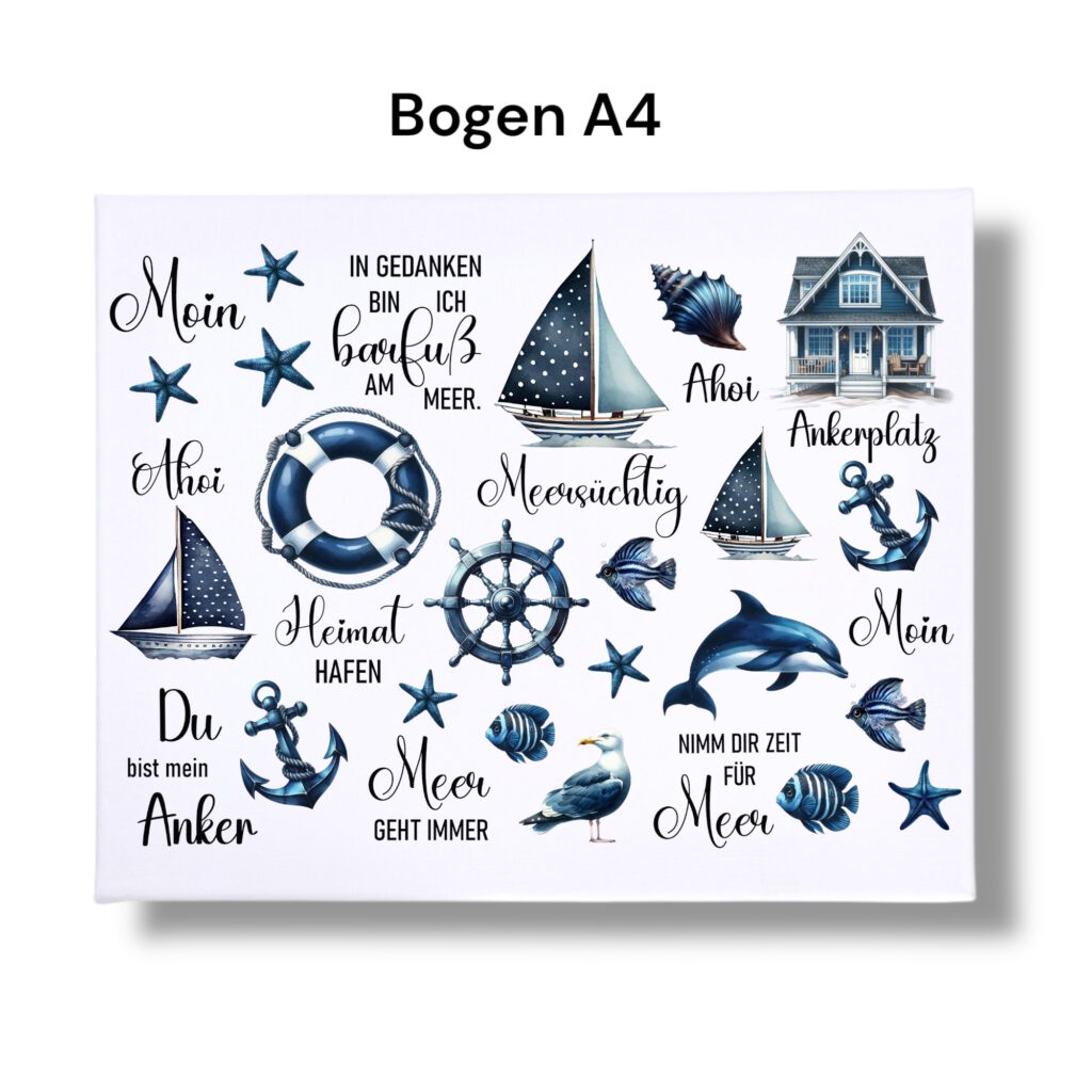 Meer Sticker Rub Ons Sticker, Maritim dunkelblau, DIN A4, Strandhaus, Möwe, Anker ...