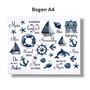 Rub Ons Sticker, Maritim dunkelblau, DIN A4, Strandhaus, Möwe, Anker, Sprüche, Meer, randlose Rubons Sticker, Tischdeko, Rubon Aufkleber – Bild 3