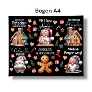 Rub-Ons-Sticker, Keksdose, DIN A4, weiß oder schwarz, Weihnachten, Wichtel, randlose Rubons Sticker, Tischdeko, Rubon Aufkleber – Bild 3