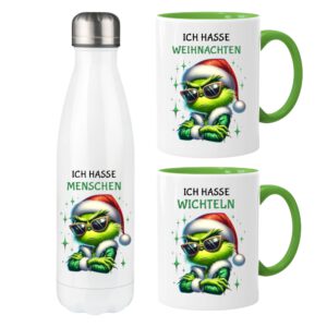 Lustige Grinch Trinkflasche, 350ml,500ml oder 750ml Edelstahlflasche, Spülmaschinenfest, Lustige Geschenkidee, Wichtelgeschenk – Bild 3