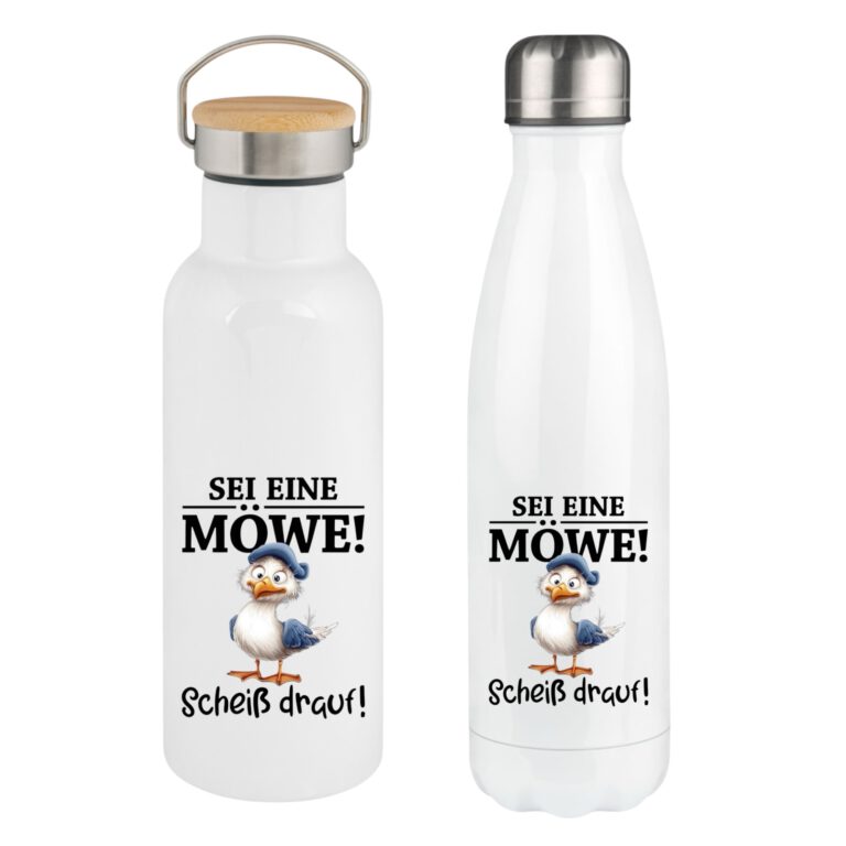 Lustige Möwe Trinkflasche, 350ml,500ml oder 750ml Edelstahlflasche, Spülmaschinenfest, Lustige Geschenkidee, Wichtelgeschenk
