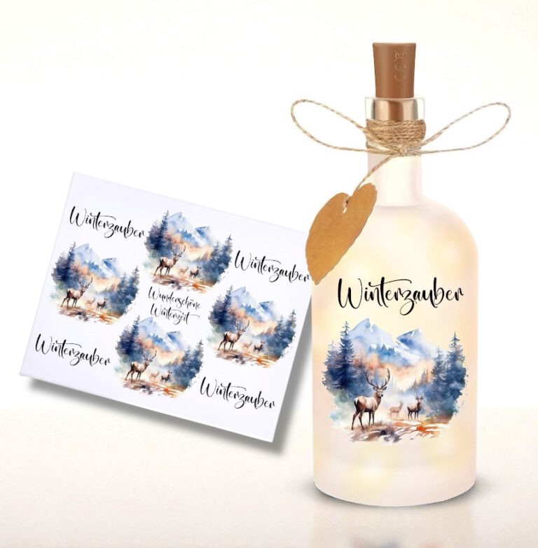 Rub-Ons-Sticker, #1 Glasflasche oder Dekolaterne, Winterzauber, DIN A4, randlose Rubons Sticker