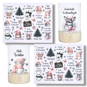 Rub-Ons-Sticker, #2 Weihnachten rosa, DIN A4, Wichtel, Schneemann, randlose Rubons Sticker, Tischdeko, Rubon Aufkleber