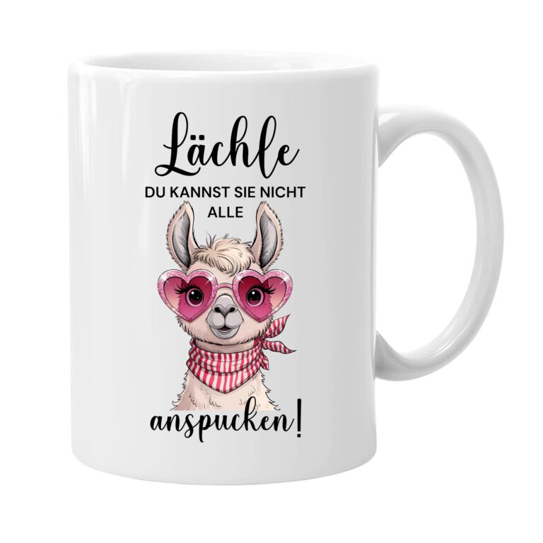 Kaffeetasse, 330ml, Keramik, Lama-Motiv mit Spruch, Spülmaschinenfest, Weiß