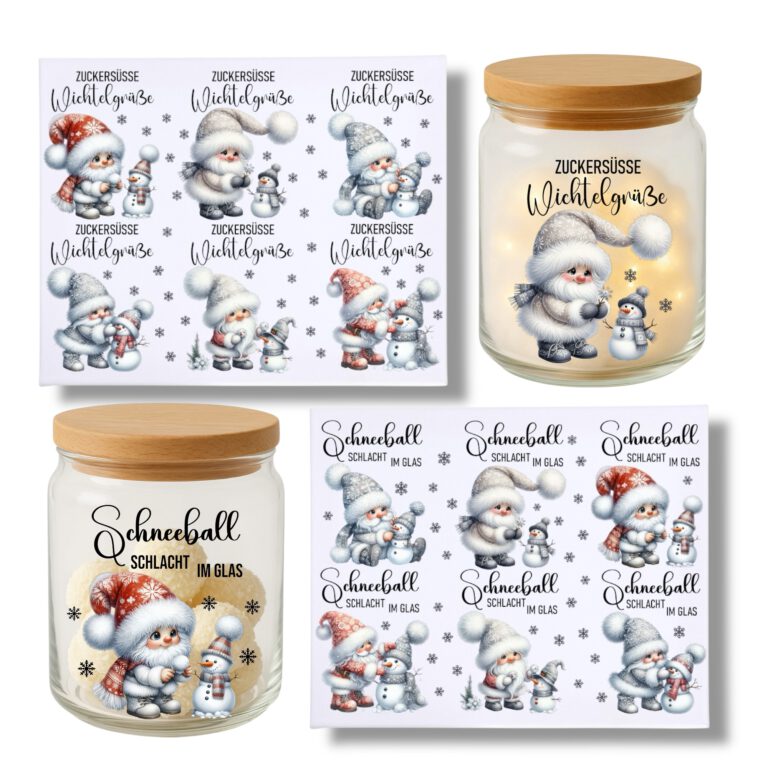 Rub-Ons-Sticker, Zuckersüße Wichtelgrüße - Schneeballschlacht im Glas, DIN A4, Wichtel, Weihnachten, randlose Rubons