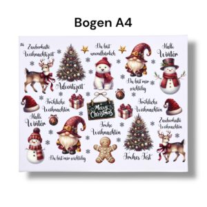 Rub-Ons-Sticker, #5 Weihnachten bordeaux-rot, DIN A4, Wichtel, Schneemann, randlose Rubons Sticker – Bild 3