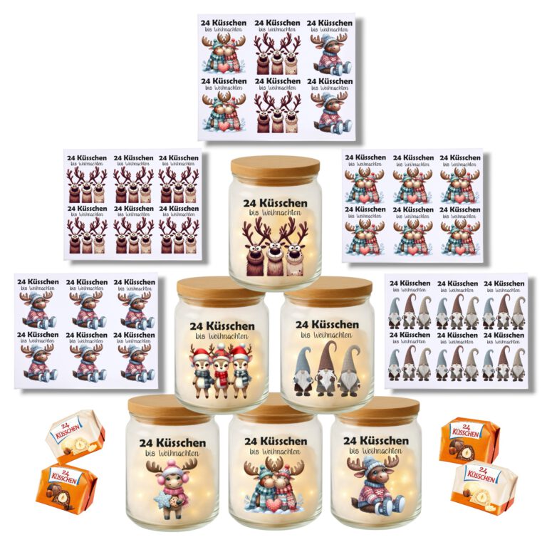 Rub-Ons-Sticker, 24 Küsschen bis Weihnachten, Adventskalender to go, DIN A4,Wichtel, randlose Rubons