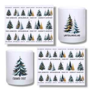 Rub-Ons-Sticker, kleine Tännenbäume grün-gold, DIN A4, Sprüche, Weihnachten, randlose Rubons