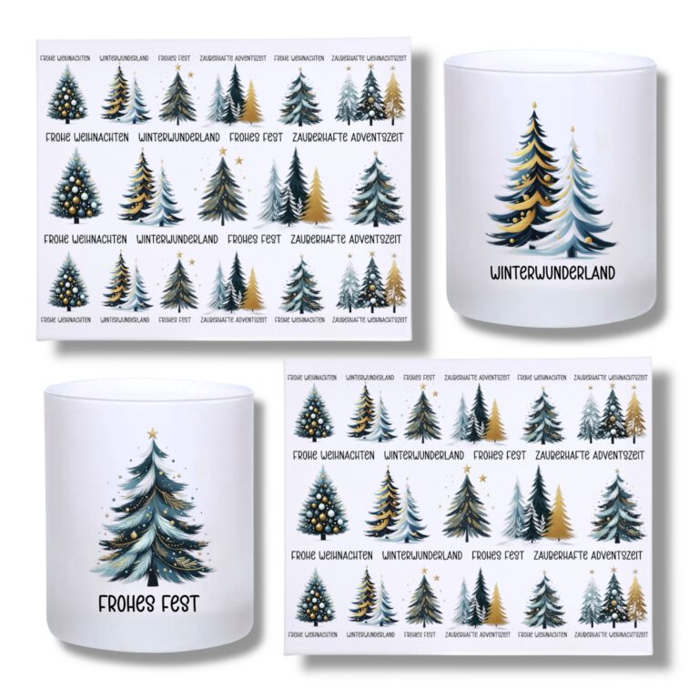 Rub-Ons-Sticker, kleine Tännenbäume grün-gold, DIN A4, Sprüche, Weihnachten, randlose Rubons
