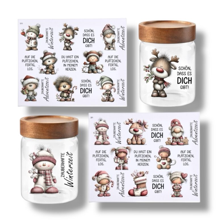 Rub-Ons-Sticker, Geschenkdose, Weihnachten, Keksglas, DIN A4, randlose Rubons