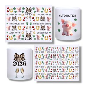 Rub-Ons-Sticker, NEUES JAHR, DIN A4, Schwein, Kleeblatt, Hufeisen, randlose Rubons