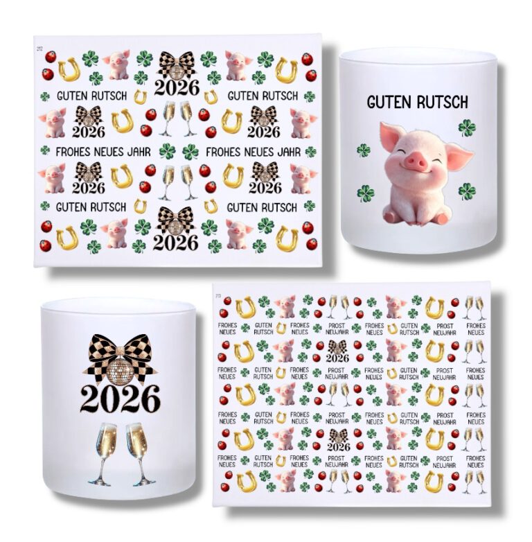 Rub-Ons-Sticker, NEUES JAHR, DIN A4, Schwein, Kleeblatt, Hufeisen, randlose Rubons