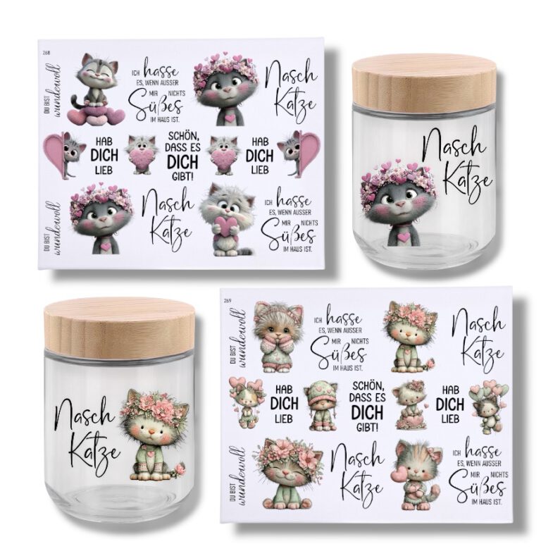 Rub Ons Sticker, Naschkatze, DIN A4, Sprüche, randlose Rubons