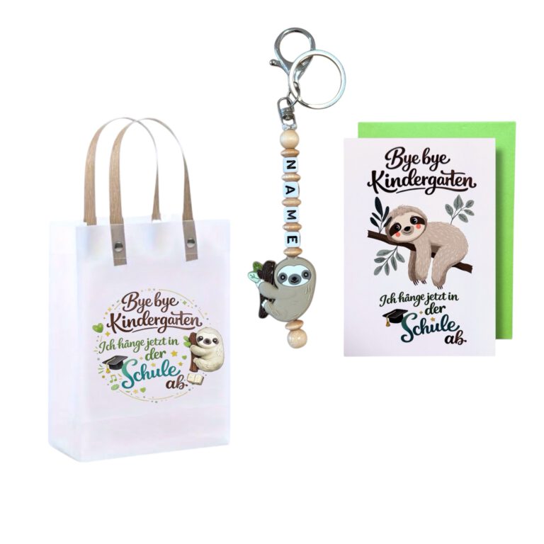 Einschulung Geldgeschenk Faultier – Geschenktüte & Karte A6 – Schlüsselanhänger mit Wunschnamen – Schulanfang Geschenk Kind