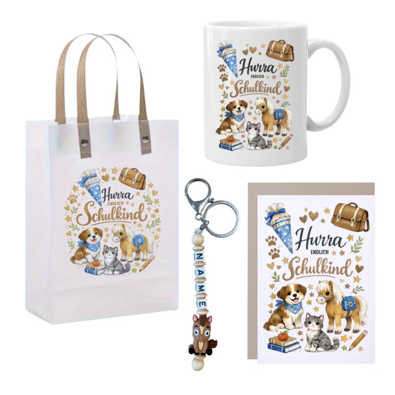 Einschulung Geldgeschenk  – Geschenktüte & Karte A6 – Schlüsselanhänger mit Wunschnamen – Schulanfang Geschenk Kind