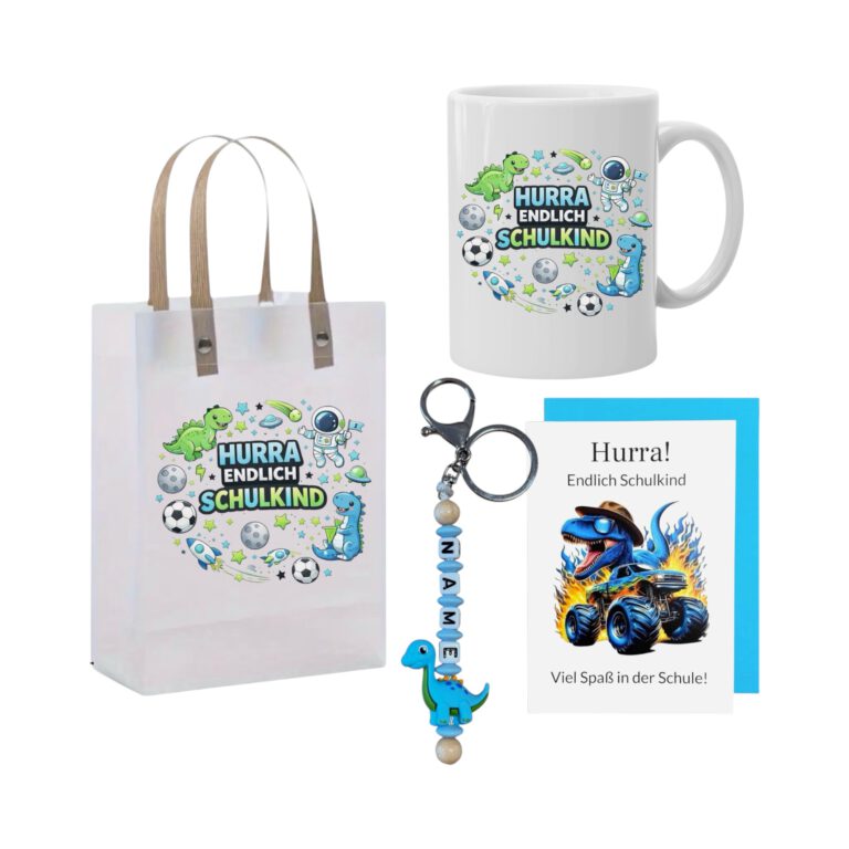 Einschulung Geldgeschenk  – Geschenktüte & Karte A6 – Schlüsselanhänger mit Wunschnamen – Schulanfang Geschenk
