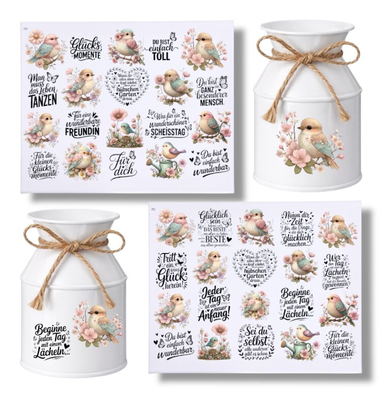 Rub Ons Sticker, Vögel, DIN A4, Sprüche, randlose Rubon