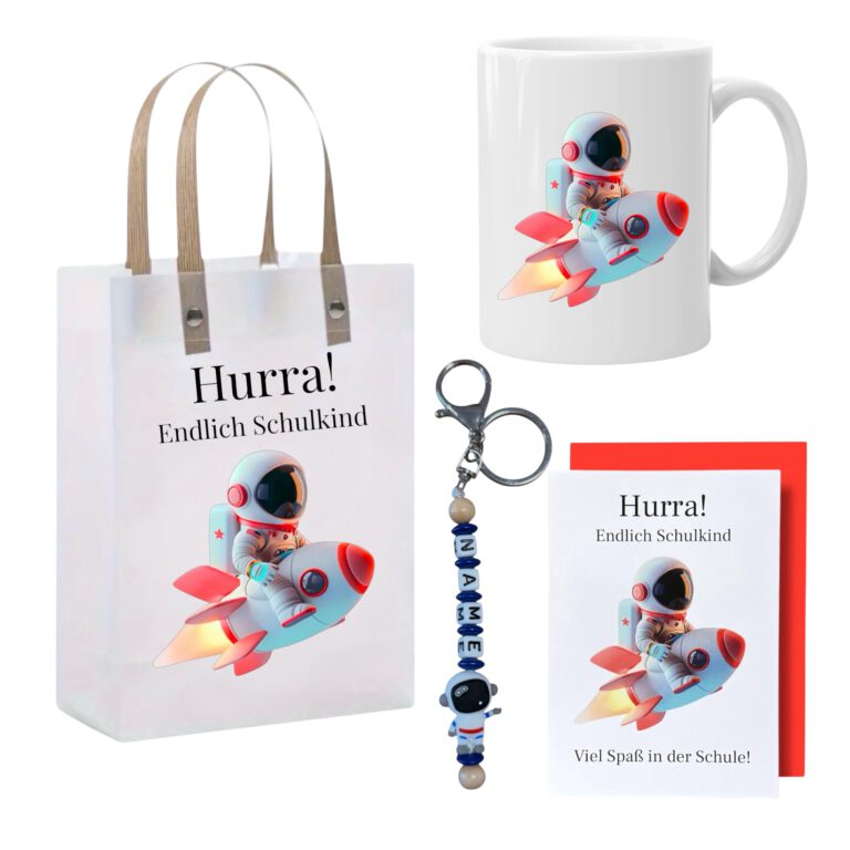 Einschulung Geldgeschenk  – Geschenktüte & Karte A6 – Schlüsselanhänger mit Wunschnamen – Schulanfang Geschenk