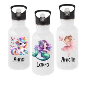 Personalisierte Edelstahl-Trinkflasche [500ml] Märchen-Motiv, Meerjungfrau, Einhorn, Ballerina – Bild 1