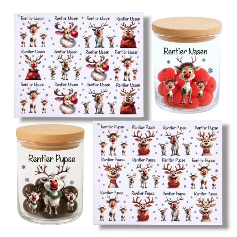 Rub-On, Rentier Nasen, kleine Motive, DIN A4,Weihnachten, Rentier Pupse, randlos