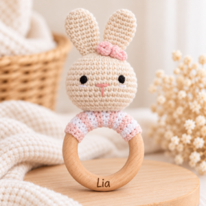 Babyrassel Hase rosa gestreift gehäkelt personalisiert – Bild 1
